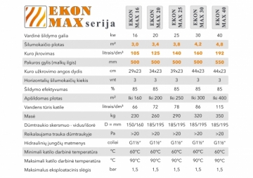 Kieto kuro katilas EKON-MAX+E, apatinio degimo, 16kW, su orapūte, valdikliu ir dūmų temperatūros davikliu