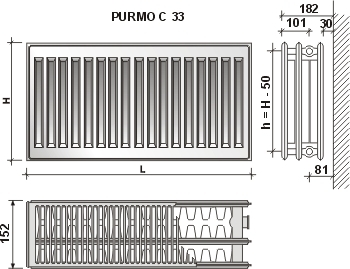 Pадиатор PURMO C 33 500-1400, Подключение на стороне