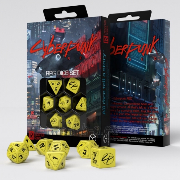 Kauliukų rinkinys Cyberpunk RED RPG: danger zone (geltonos ir juodos sp.) paveikslėlis 1 iš 5