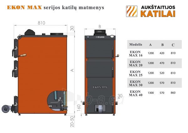 Kieto kuro katilas EKON-MAX+E, apatinio degimo, 16kW, su orapūte, valdikliu ir dūmų temperatūros davikliu paveikslėlis 1 iš 5