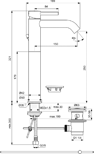 Praustuvo maišytuvas Ideal Standard Ceraline, aukštas, su dugno vožtuvu paveikslėlis 5 iš 5