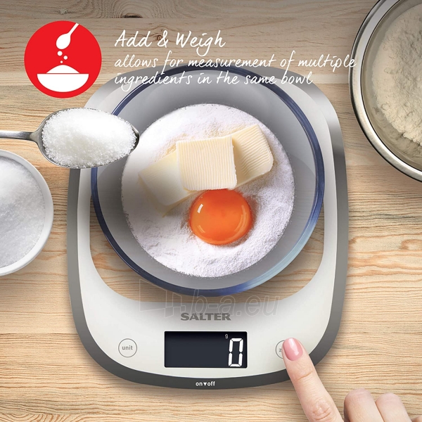 Svarstyklės Salter 1050 WHDR White Curve Glass Electronic Digital Kitchen Scales paveikslėlis 4 iš 4