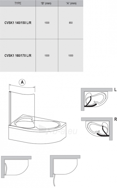 Vonios sienelė Ravak Rosa, CVSK1 140/150, L blizgi+stiklas Transparent paveikslėlis 4 iš 4